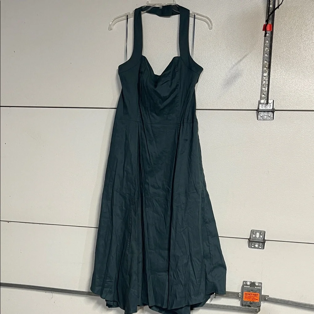 ANTHROPOLOGIE WOMENS STRETCH HALTER LINEN MIDI DRESS GREEN LARGE - Picture 2 of 9